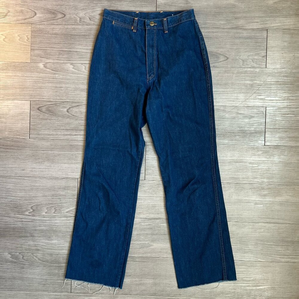 80s Western Dark Wash Straight Leg Jeans Rustler Women’s Raw Hem Size 12